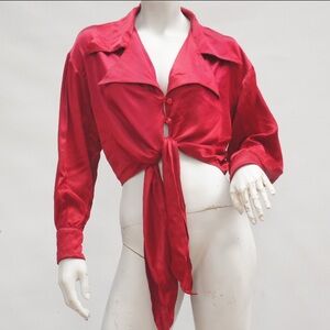 Vintage 90s-Y2k Cropped Tie Front Satin Blouse/Shirt Size S